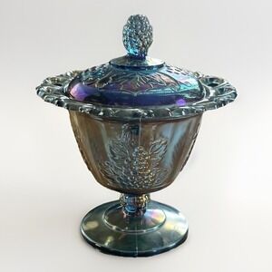 Indiana Glass Blue Carnival Harvest Grape Lace w/Lid Compote Candy Dish Pedestal